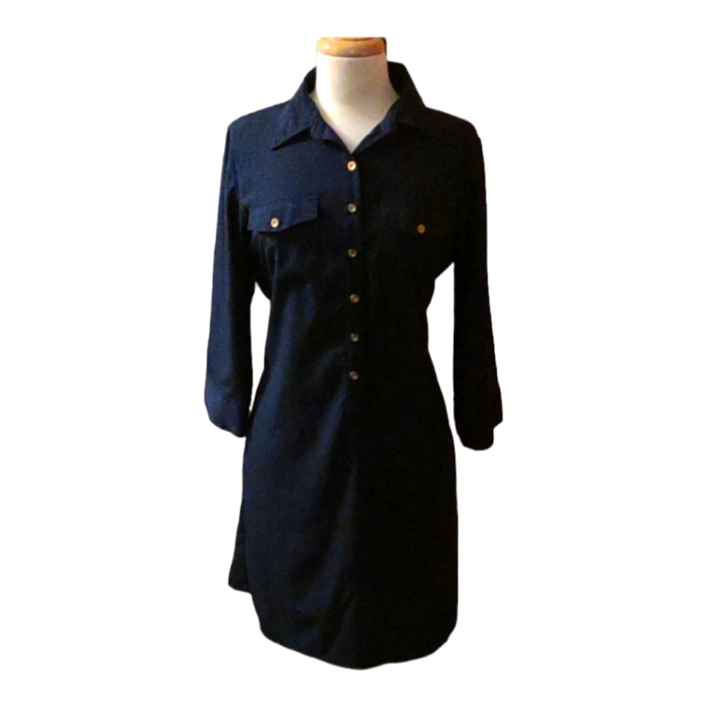 Navy blue long/3/4 sleeve button up midi collared dress w/ belt loops